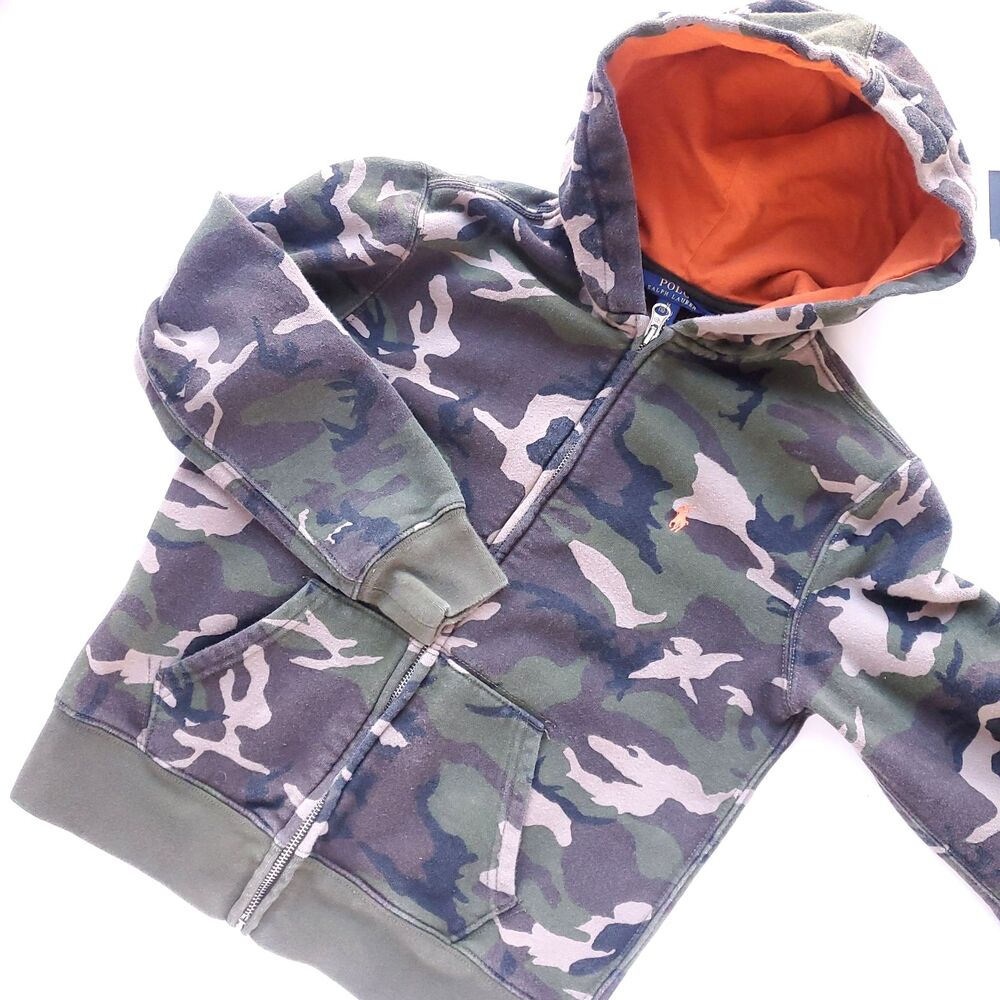 Polo Ralph Lauren Green Camo Hoodie Youth Size M 10-12 Full Zip Jacket Pony Logo